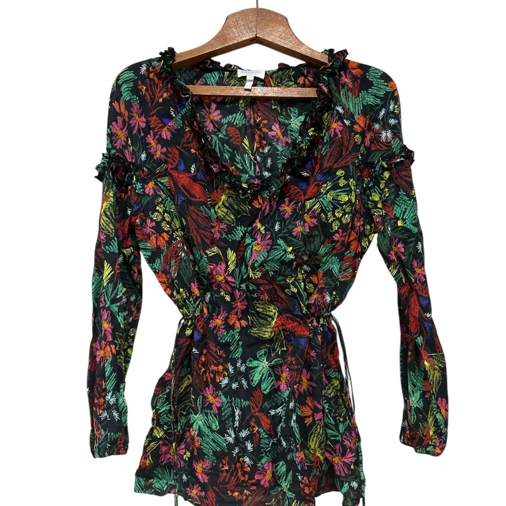 ESCADA sport V-neck top blouse tunic cotton, Ruffled detail, long sleeve USsize6
